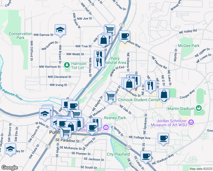 map of restaurants, bars, coffee shops, grocery stores, and more near 415 Northeast Campus Street in Pullman