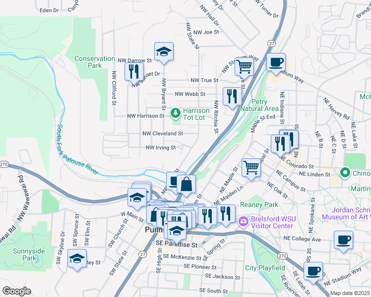 map of restaurants, bars, coffee shops, grocery stores, and more near 505 Northwest State Street in Pullman