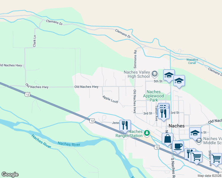 map of restaurants, bars, coffee shops, grocery stores, and more near 135 Apple Loop in Naches