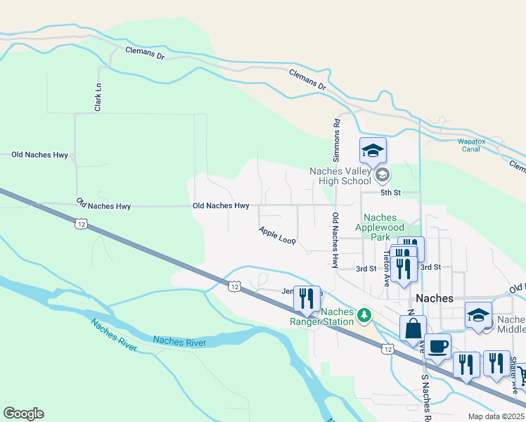 map of restaurants, bars, coffee shops, grocery stores, and more near 135 Apple Loop in Naches
