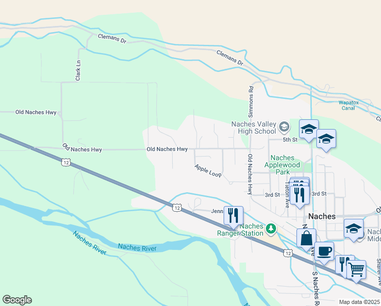 map of restaurants, bars, coffee shops, grocery stores, and more near 135 Apple Loop in Naches