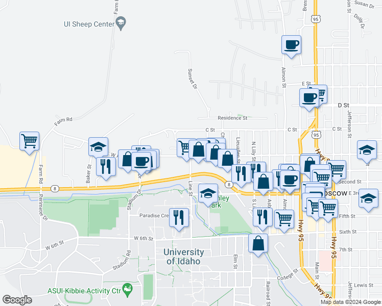 map of restaurants, bars, coffee shops, grocery stores, and more near 236 N Line St in Moscow