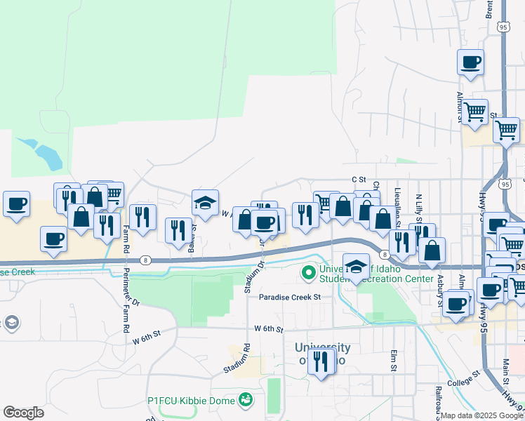 map of restaurants, bars, coffee shops, grocery stores, and more near 175 Peterson Drive in Moscow