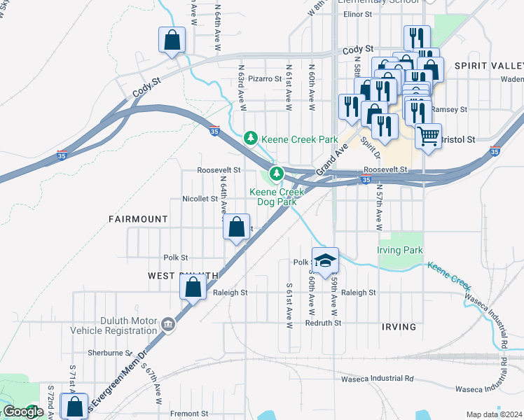 map of restaurants, bars, coffee shops, grocery stores, and more near 6228 Grand Avenue in Duluth