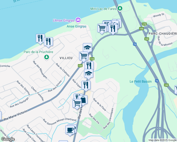 map of restaurants, bars, coffee shops, grocery stores, and more near Rue de Saint-Nicolas in Lévis