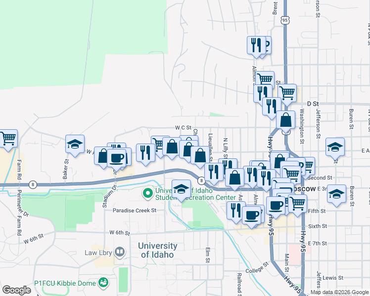 map of restaurants, bars, coffee shops, grocery stores, and more near 234 Home Street in Moscow