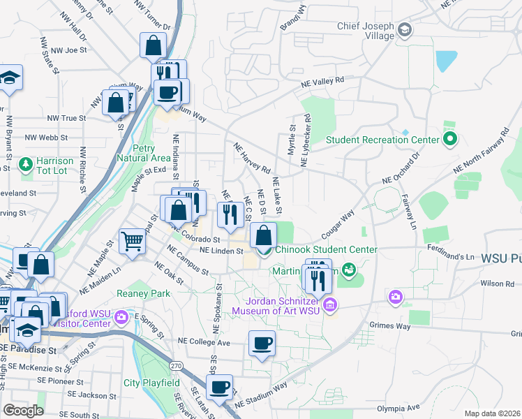 map of restaurants, bars, coffee shops, grocery stores, and more near 915 Northeast D Street in Pullman