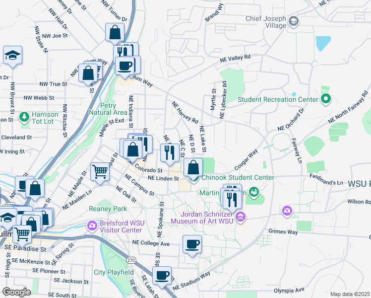 map of restaurants, bars, coffee shops, grocery stores, and more near 938 Northeast C Street in Pullman