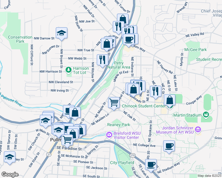 map of restaurants, bars, coffee shops, grocery stores, and more near 745 Northeast Maple Street in Pullman