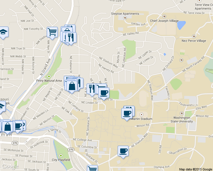 map of restaurants, bars, coffee shops, grocery stores, and more near 925 Northeast D Street in Pullman
