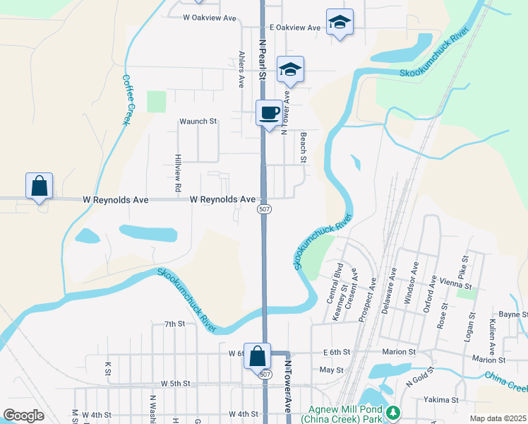 map of restaurants, bars, coffee shops, grocery stores, and more near North Pearl Street in Centralia