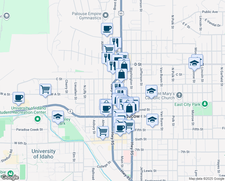 map of restaurants, bars, coffee shops, grocery stores, and more near U.S. Route 95 in Moscow