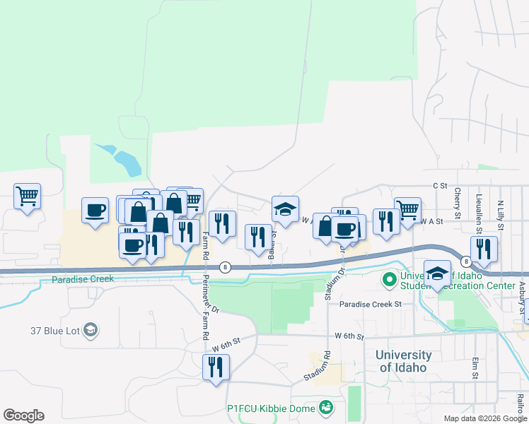 map of restaurants, bars, coffee shops, grocery stores, and more near 1418 West A Street in Moscow