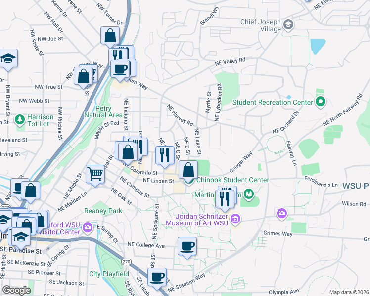 map of restaurants, bars, coffee shops, grocery stores, and more near 925 Northeast D Street in Pullman