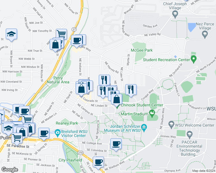 map of restaurants, bars, coffee shops, grocery stores, and more near 938 Northeast C Street in Pullman