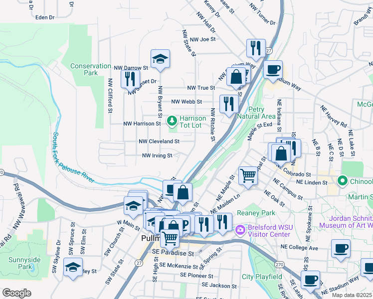 map of restaurants, bars, coffee shops, grocery stores, and more near 312 Northwest Cleveland Street in Pullman