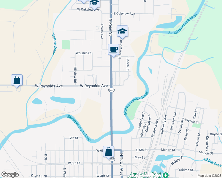 map of restaurants, bars, coffee shops, grocery stores, and more near North Pearl Street in Centralia