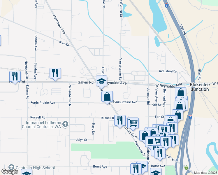 map of restaurants, bars, coffee shops, grocery stores, and more near 1620 Harrison Avenue in Centralia