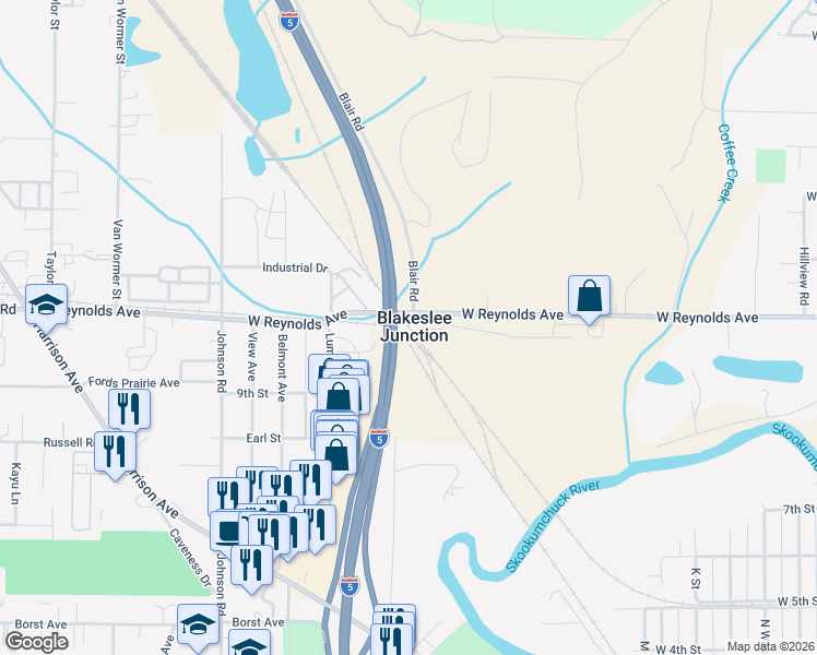 map of restaurants, bars, coffee shops, grocery stores, and more near 1712 West Reynolds Avenue in Centralia
