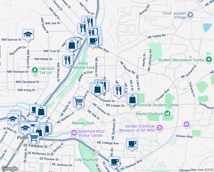 map of restaurants, bars, coffee shops, grocery stores, and more near 900-970 Northeast Monroe Street in Pullman
