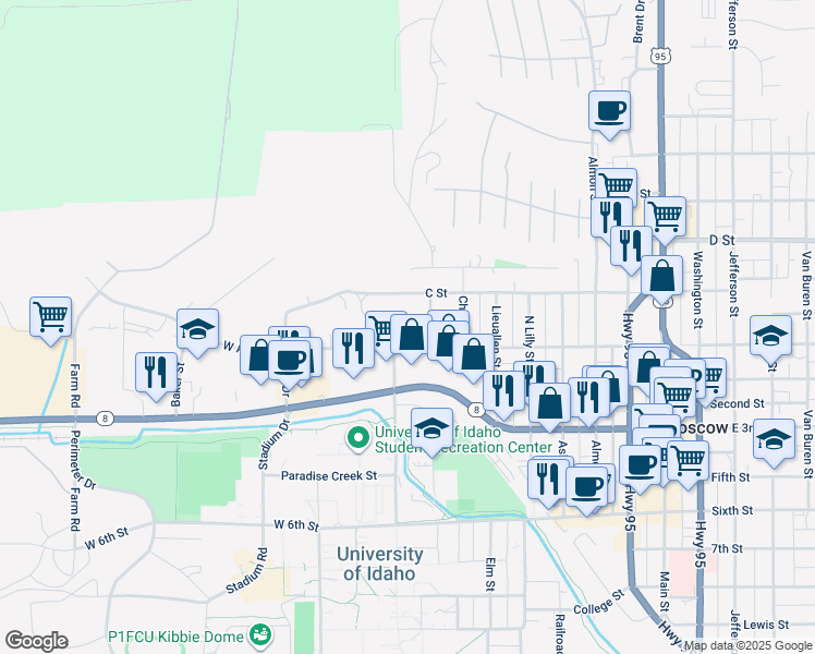 map of restaurants, bars, coffee shops, grocery stores, and more near 236 North Line Street in Moscow
