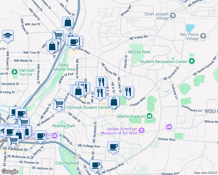 map of restaurants, bars, coffee shops, grocery stores, and more near 920 Northeast C Street in Pullman