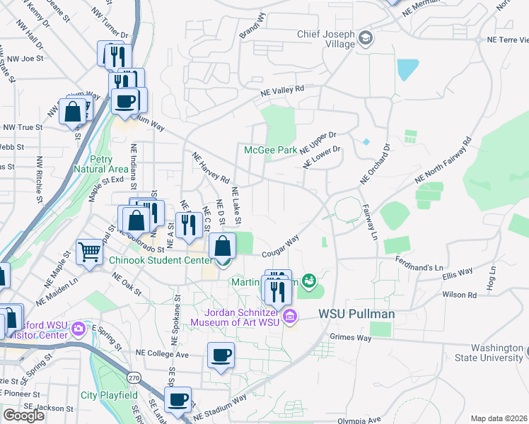 map of restaurants, bars, coffee shops, grocery stores, and more near 1020 Northeast Alfred Lane in Pullman