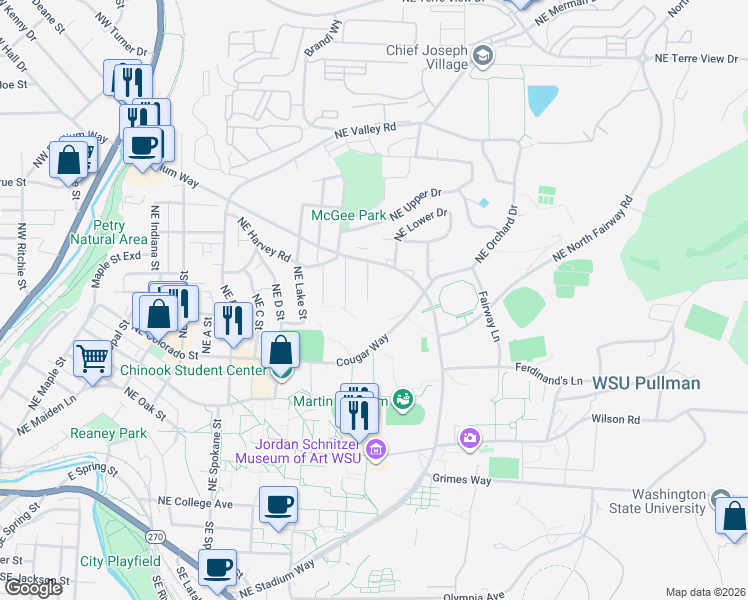 map of restaurants, bars, coffee shops, grocery stores, and more near 1000-1098 NE Creston Ln in Pullman