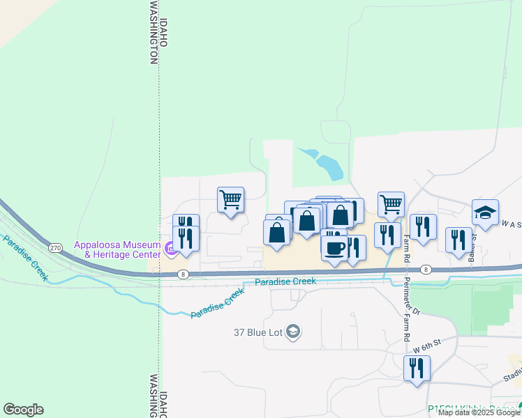map of restaurants, bars, coffee shops, grocery stores, and more near 2301 West A Street in Moscow