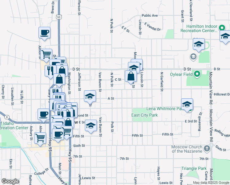 map of restaurants, bars, coffee shops, grocery stores, and more near 304 North Polk Street in Moscow