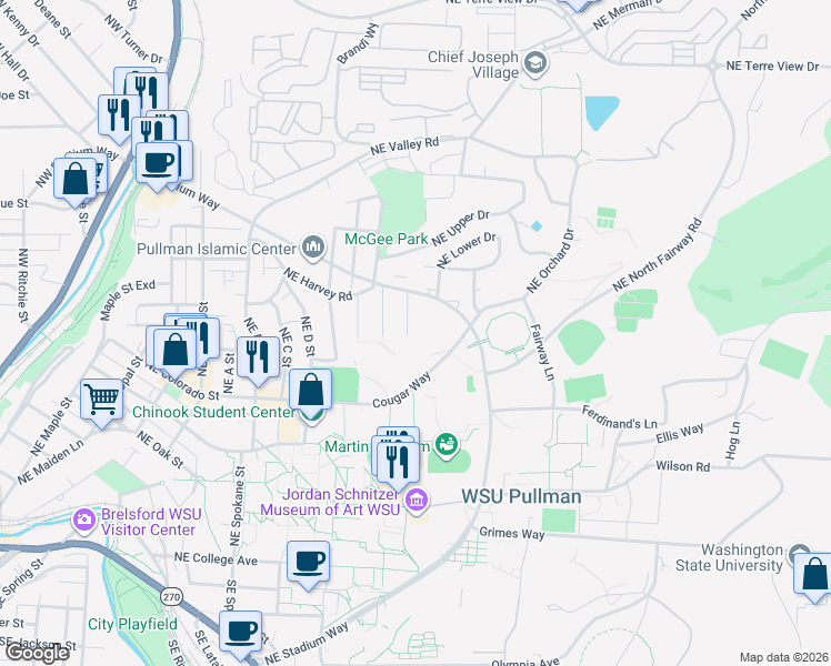 map of restaurants, bars, coffee shops, grocery stores, and more near 1000-1098 NE Creston Ln in Pullman
