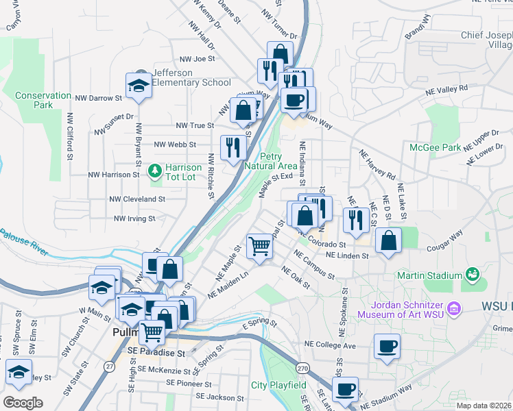 map of restaurants, bars, coffee shops, grocery stores, and more near 745 Northeast Maple Street in Pullman