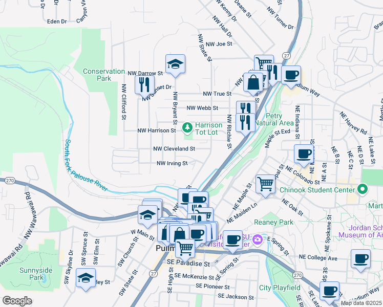 map of restaurants, bars, coffee shops, grocery stores, and more near 332 Northwest Cleveland Street in Pullman