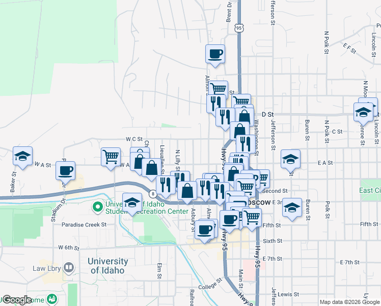 map of restaurants, bars, coffee shops, grocery stores, and more near 229 North Asbury Street in Moscow
