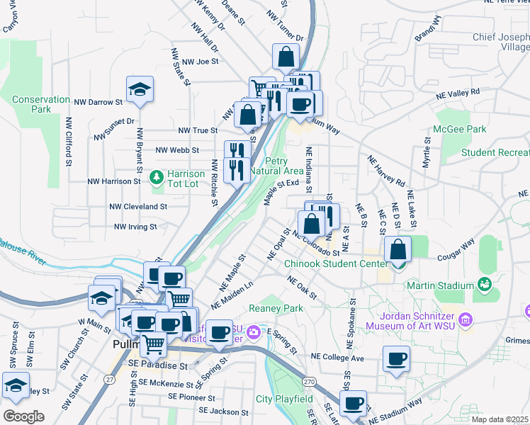 map of restaurants, bars, coffee shops, grocery stores, and more near 745 Northeast Maple Street in Pullman