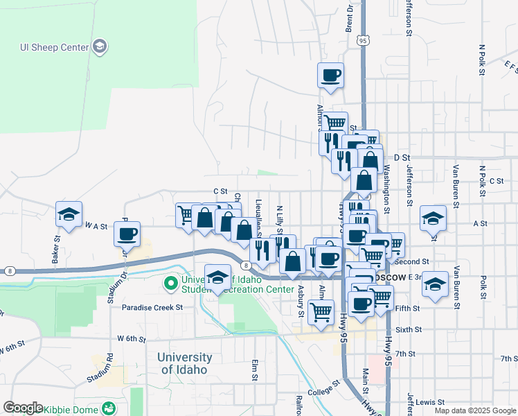 map of restaurants, bars, coffee shops, grocery stores, and more near 226 North Lieuallen Street in Moscow