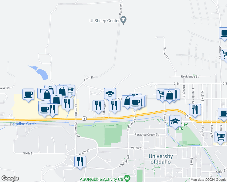 map of restaurants, bars, coffee shops, grocery stores, and more near 224 Baker Street in Moscow