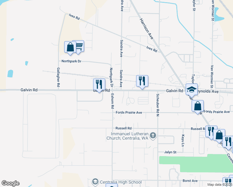 map of restaurants, bars, coffee shops, grocery stores, and more near 3400 Galvin Road in Centralia