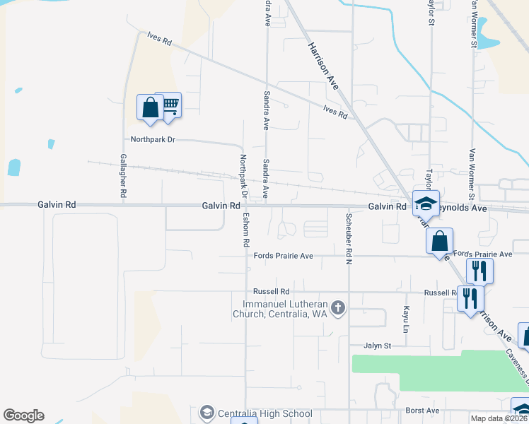 map of restaurants, bars, coffee shops, grocery stores, and more near 3400 Galvin Road in Centralia