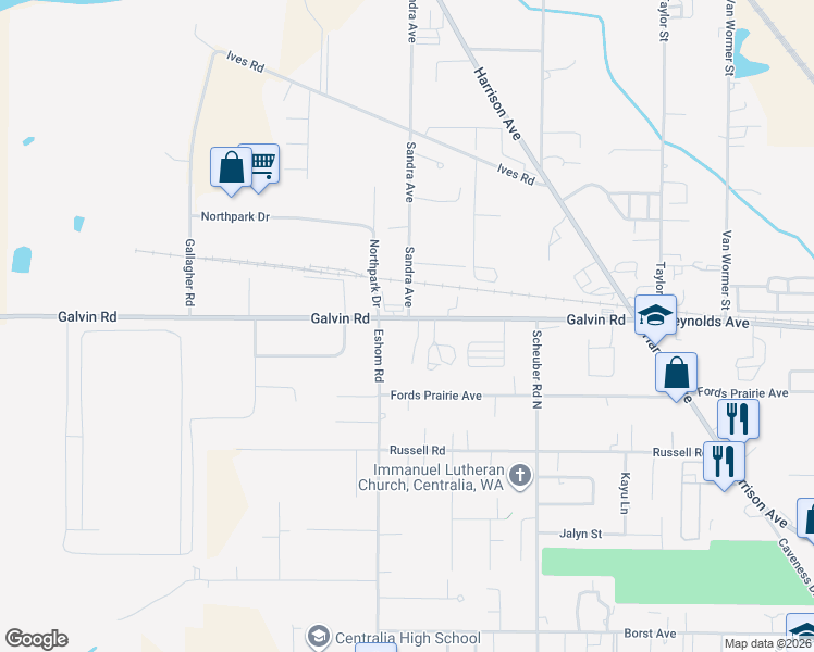 map of restaurants, bars, coffee shops, grocery stores, and more near 3400 Galvin Road in Centralia