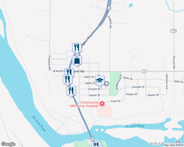 map of restaurants, bars, coffee shops, grocery stores, and more near 416 North Road in Cloquet