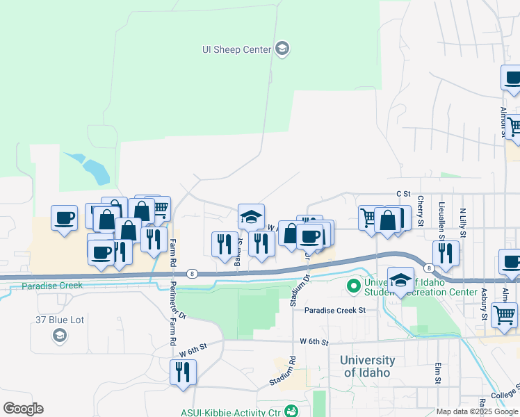 map of restaurants, bars, coffee shops, grocery stores, and more near 224 Baker Street in Moscow