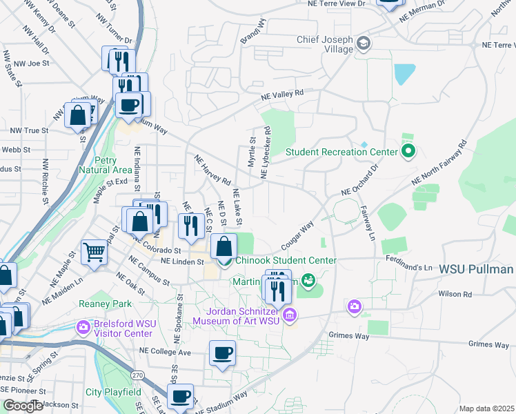 map of restaurants, bars, coffee shops, grocery stores, and more near 1020 Northeast Alfred Lane in Pullman