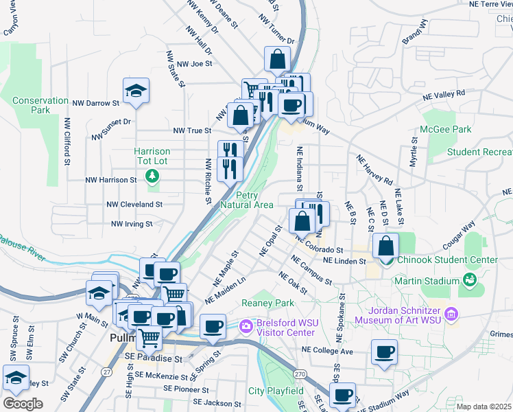 map of restaurants, bars, coffee shops, grocery stores, and more near 745 Northeast Maple Street in Pullman