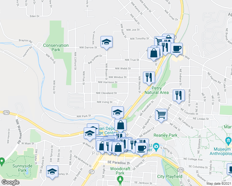 map of restaurants, bars, coffee shops, grocery stores, and more near 332 Northwest Cleveland Street in Pullman