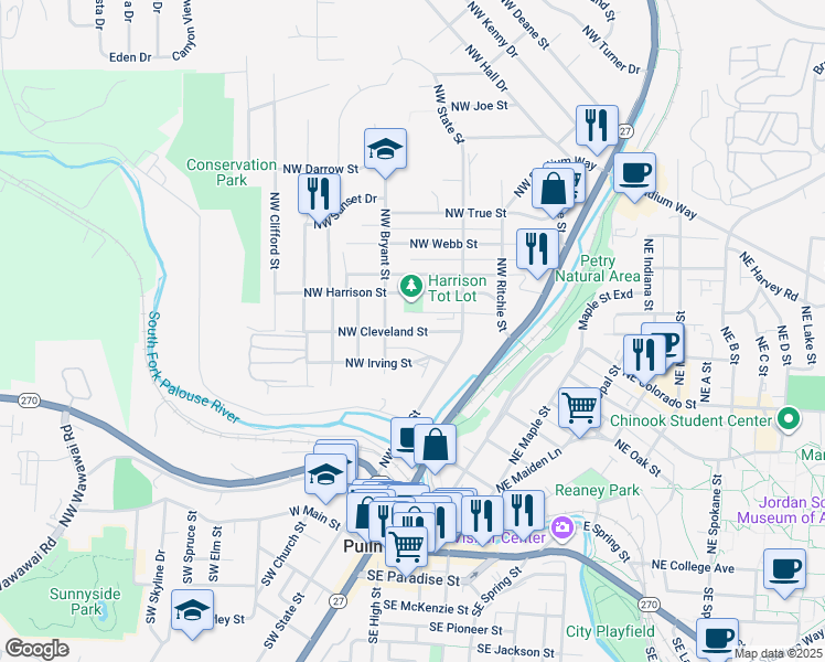 map of restaurants, bars, coffee shops, grocery stores, and more near 332 Northwest Cleveland Street in Pullman