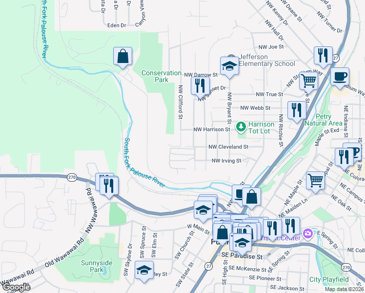 map of restaurants, bars, coffee shops, grocery stores, and more near 701 NW Clifford St in Pullman