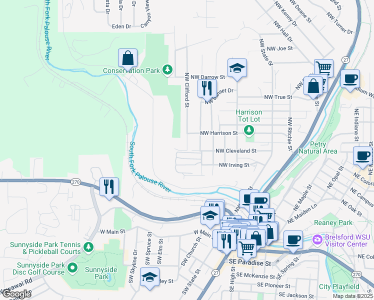 map of restaurants, bars, coffee shops, grocery stores, and more near 701 Northwest Clifford Street in Pullman