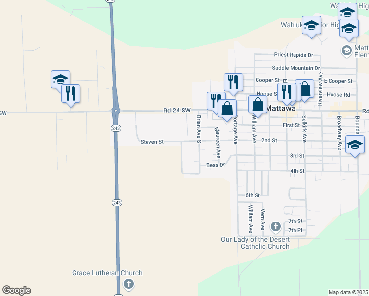 map of restaurants, bars, coffee shops, grocery stores, and more near 56 2nd Street in Mattawa