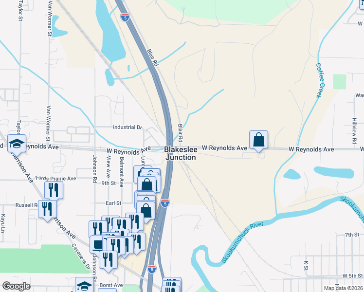 map of restaurants, bars, coffee shops, grocery stores, and more near 1712 West Reynolds Avenue in Centralia
